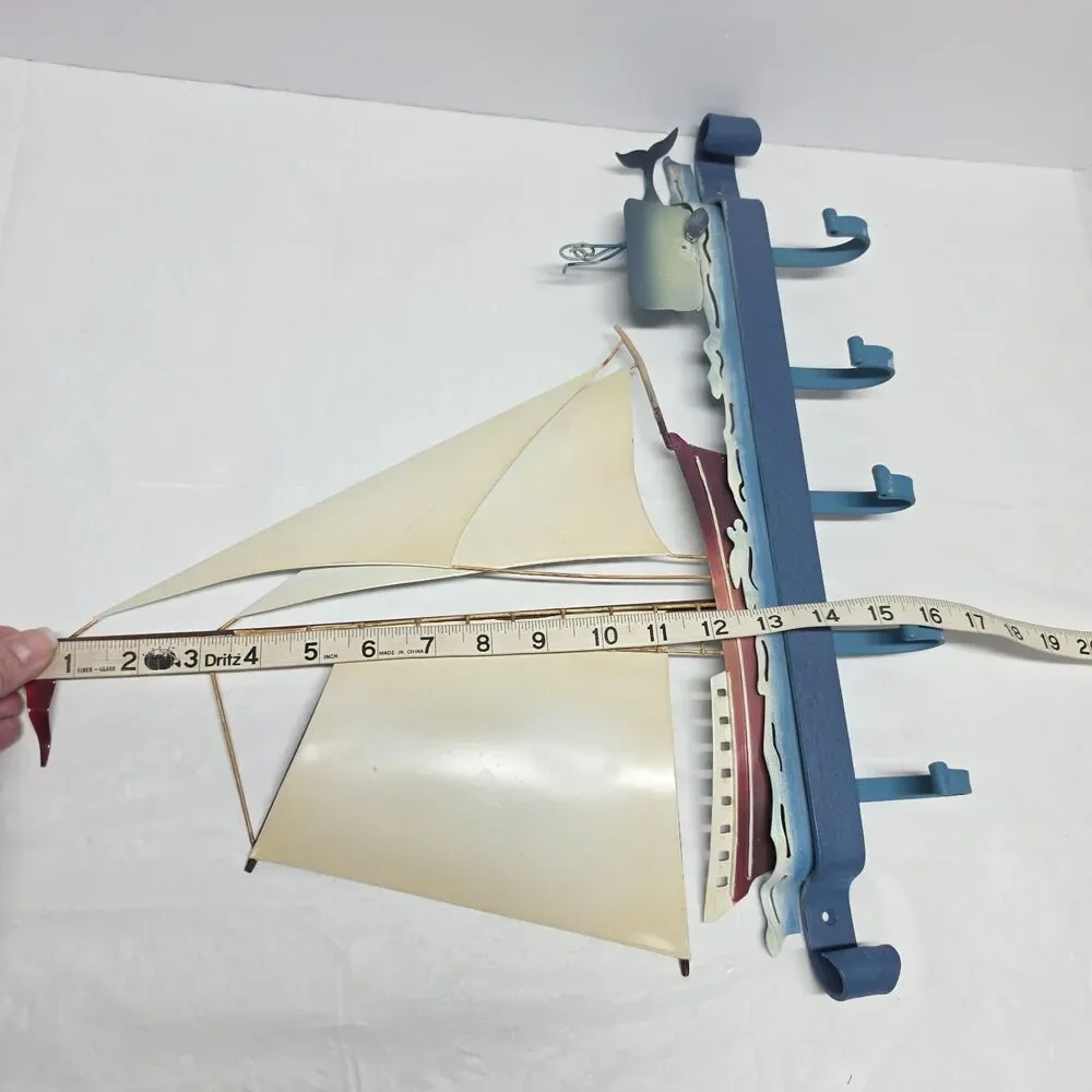 Vintage Metal Sailboat Ship And Whale Wall Hanger 5 Hooks Nautical Keys Holder